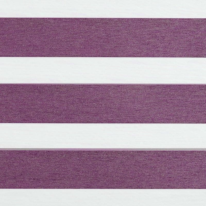 Dual-layer horizontal zebra blind covering a window; alternating textured mauve and white bands lie aligned, partially filtering light; interior view only, even soft lighting.