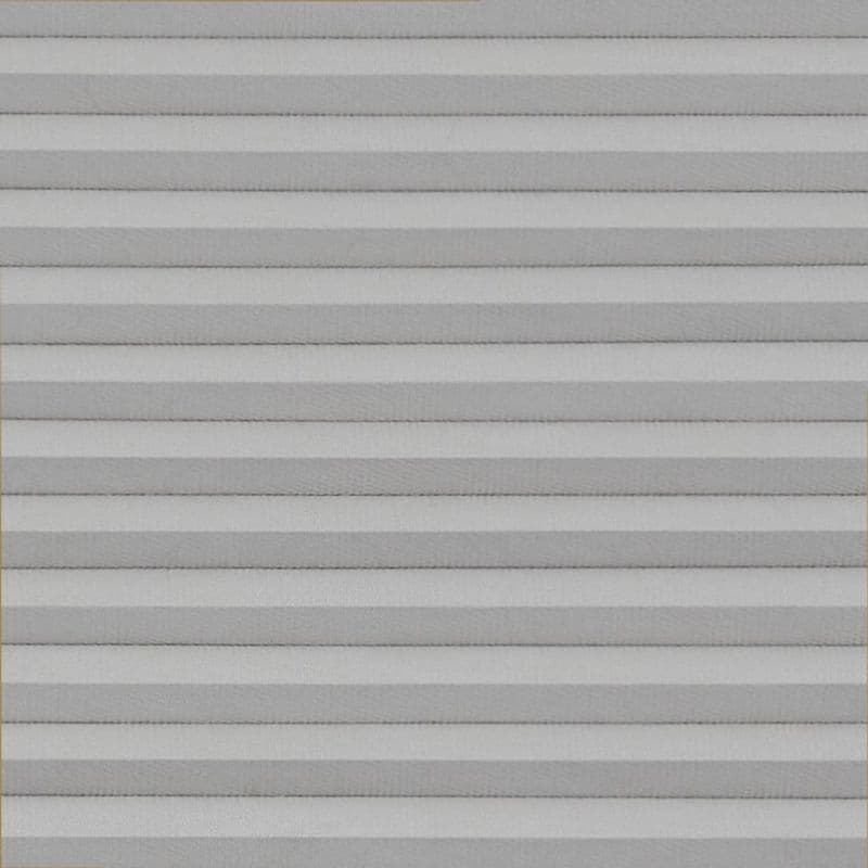 Horizontal pleated cellular blinds, fully lowered across the frame, their alternating light-and-dark gray folds closed, blocking view and softly diffusing daylight in a neutral, evenly lit interior.
