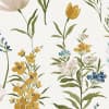 Wildflower stems rise, bearing yellow tulip-like and small blue, pink, and mustard flower clusters with green leaves, arranged as a repeating botanical pattern on a light cream textured background.