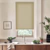 Beige roller blind covers most of a window, lowered above a kitchen sink; stainless faucet, wood cabinets, countertop with bowl of greens, potted plants, framed sketch on wall.