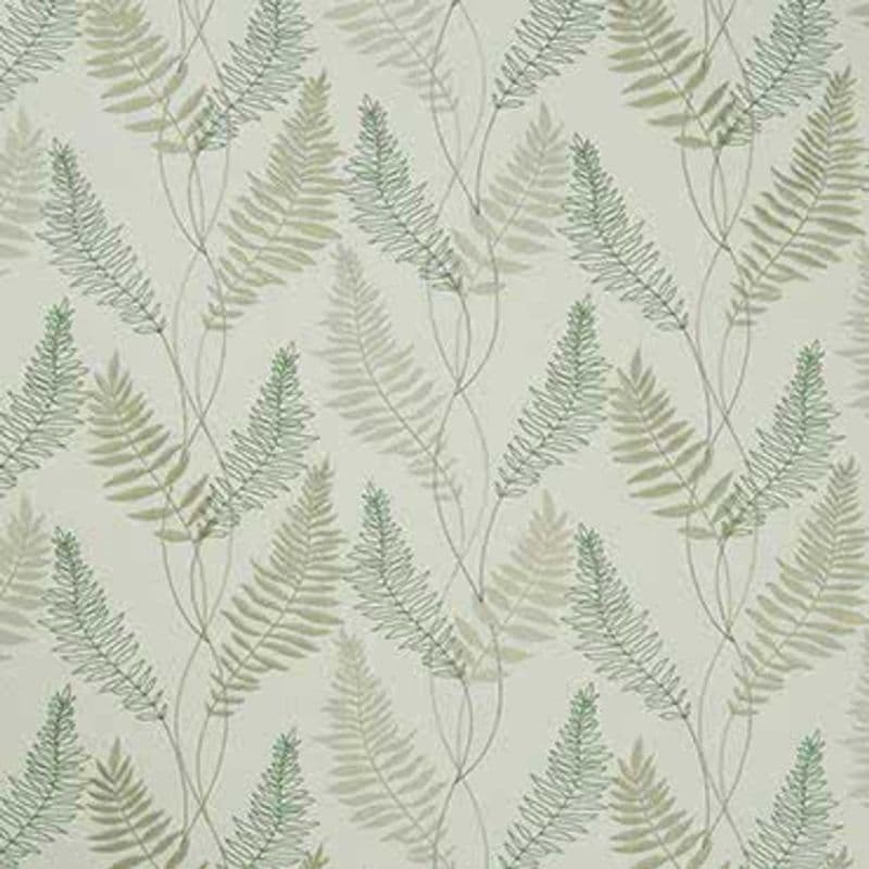 Object—botanical wallpaper with repeating fern fronds; Action—fronds overlap and run vertically, covering the wall; Context—pale green/sage muted palette evokes a calm, nature‑themed interior.