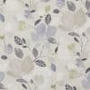 Watercolor-style floral wallpaper/fabric — repeating large pale gray, lavender and green blossoms with stylized leaves — printed flat, creating a soft, muted botanical pattern on a light beige background.