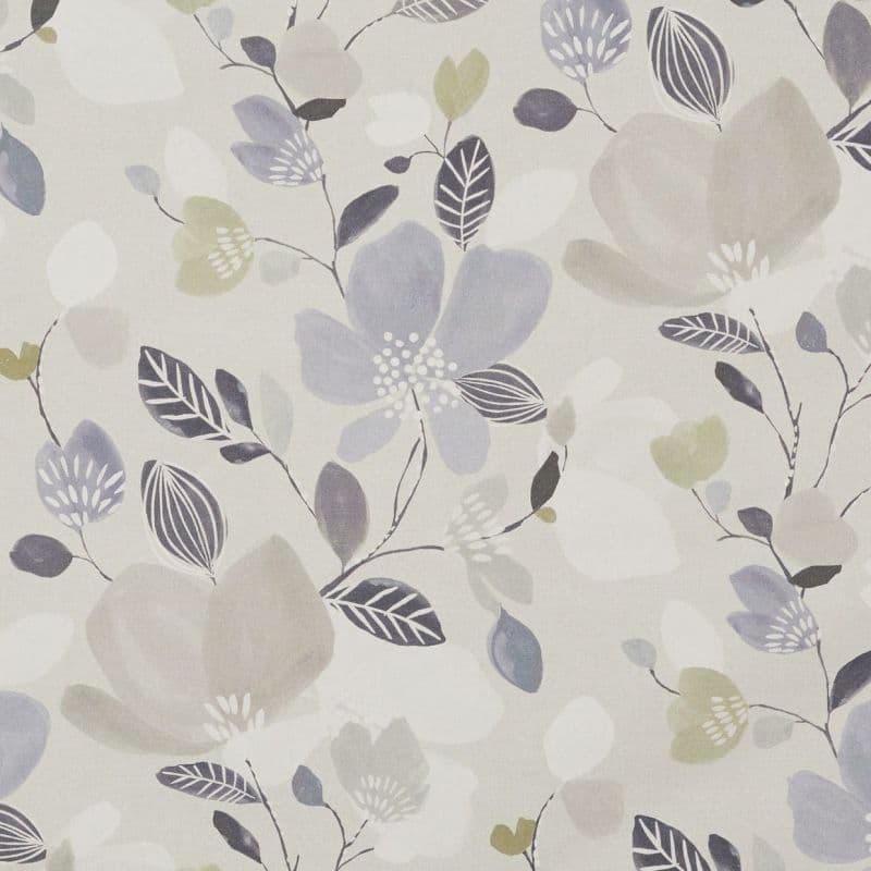 Watercolor-style floral wallpaper/fabric — repeating large pale gray, lavender and green blossoms with stylized leaves — printed flat, creating a soft, muted botanical pattern on a light beige background.