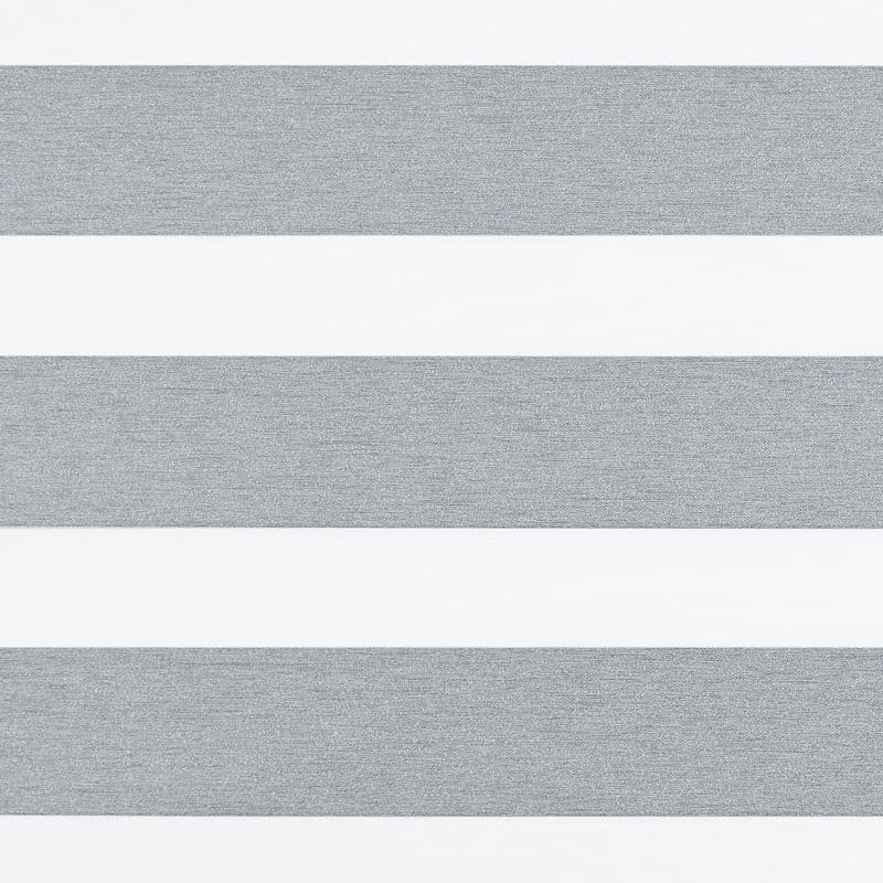 Horizontal zebra roller blind with alternating textured grey opaque and white sheer stripes, aligned flat and closed to create banded pattern; neutral-lit interior close-up with no visible window or view.
