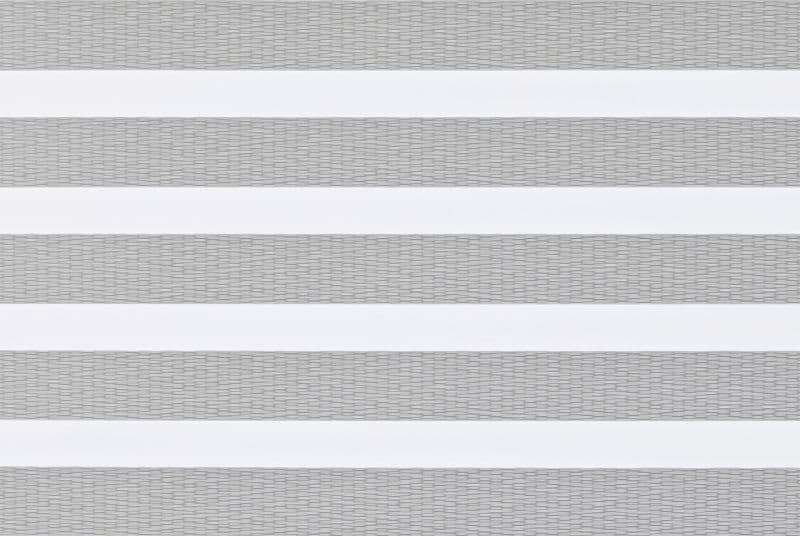 Dual-layer zebra blinds with alternating opaque white and translucent woven gray horizontal bands covering a window; aligned to partially block and filter light; close-up, neutral indoor lighting.