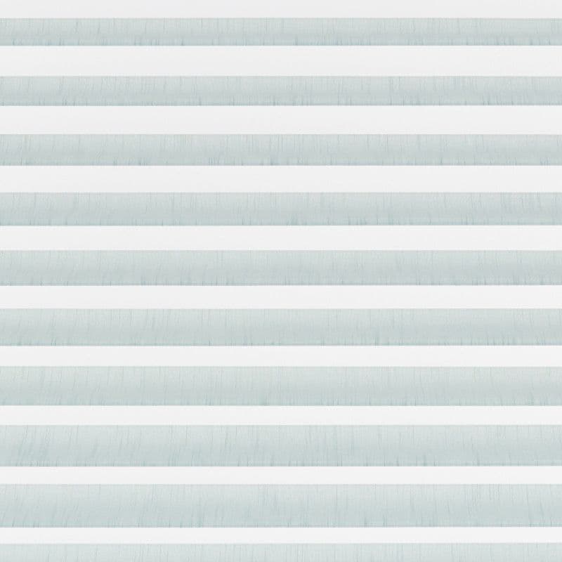 Horizontal zebra blinds spanning the frame, alternating opaque white and pale blue translucent fabric; aligned in closed bands, filtering and diffusing daylight across a minimal, evenly lit interior.