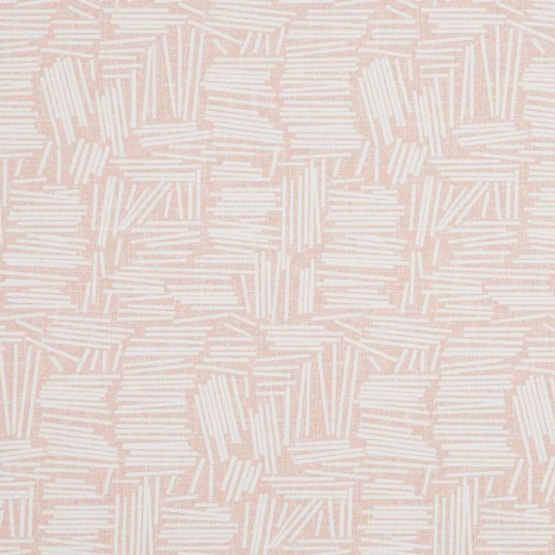 Pale pink wallpaper with irregular white stacked-line blocks (brushstroke-like), repeating across the surface; pattern covers a flat wall close-up, suggesting a softly lit interior décor.