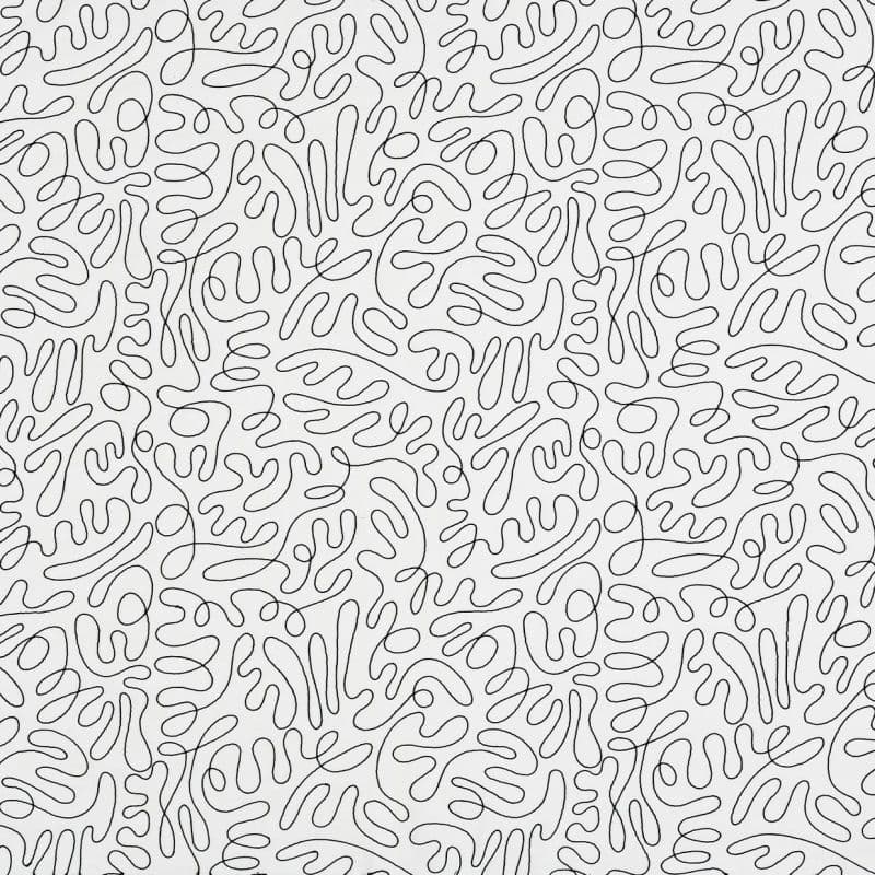 Black continuous squiggle-line pattern across the frame (organic rounded motifs); the lines loop and interconnect, repeating seamlessly over a flat white background, resembling printed wallpaper.