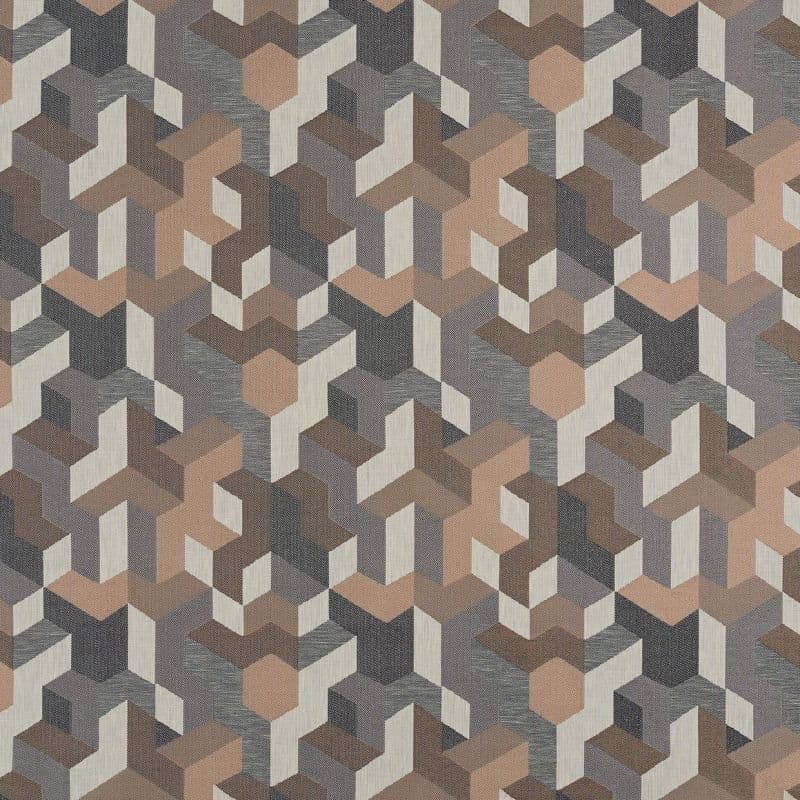 Geometric wallpaper with tessellating three-dimensional chevrons and hexagonal blocks, forming optical cube illusions; repeating pattern in muted beige, brown, and gray tones on a textured flat surface.