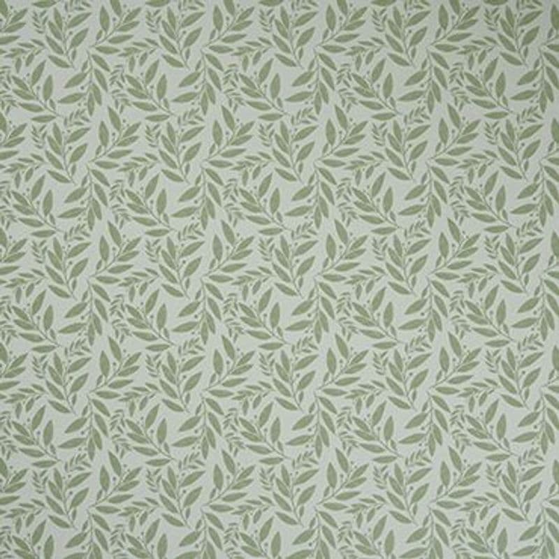 Wallpaper with repeating olive-green leaf motif covers a flat interior wall, decorating the pale muted surface; subtle textured finish and evenly spaced botanical pattern.