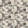 Distressed geometric wallpaper featuring overlapping triangles and rectangles across the surface; appearing layered and worn, with faded black, beige, and muted rose tones on a textured neutral background.