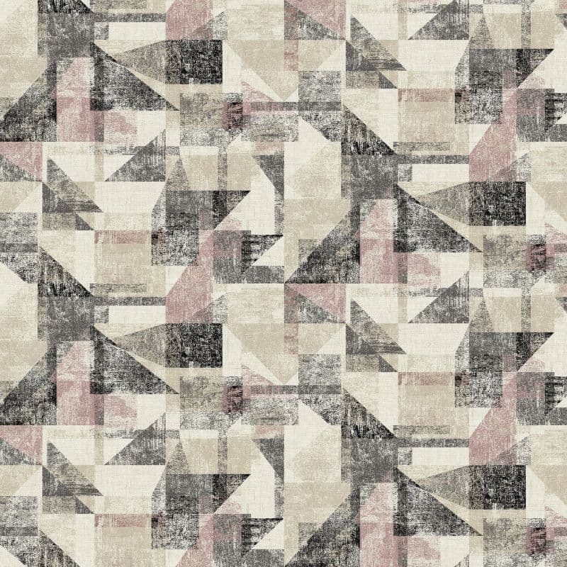 Distressed geometric wallpaper featuring overlapping triangles and rectangles across the surface; appearing layered and worn, with faded black, beige, and muted rose tones on a textured neutral background.