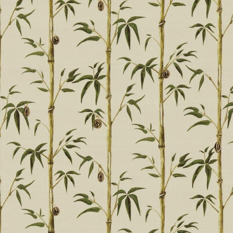 Vertical bamboo-patterned wallpaper depicting slender green bamboo stalks with lanceolate leaves and hanging seed-pod ornaments, arranged in vertical rows on a neutral beige background, flat decorative surface.