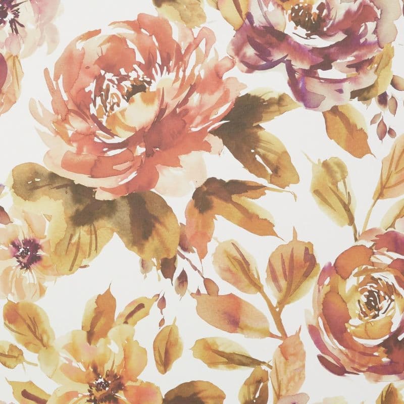 Watercolor floral pattern: oversized roses and leaves painted with loose washes, printed across a white background; close-up view suggesting wallpaper or fabric in warm autumnal tones.
