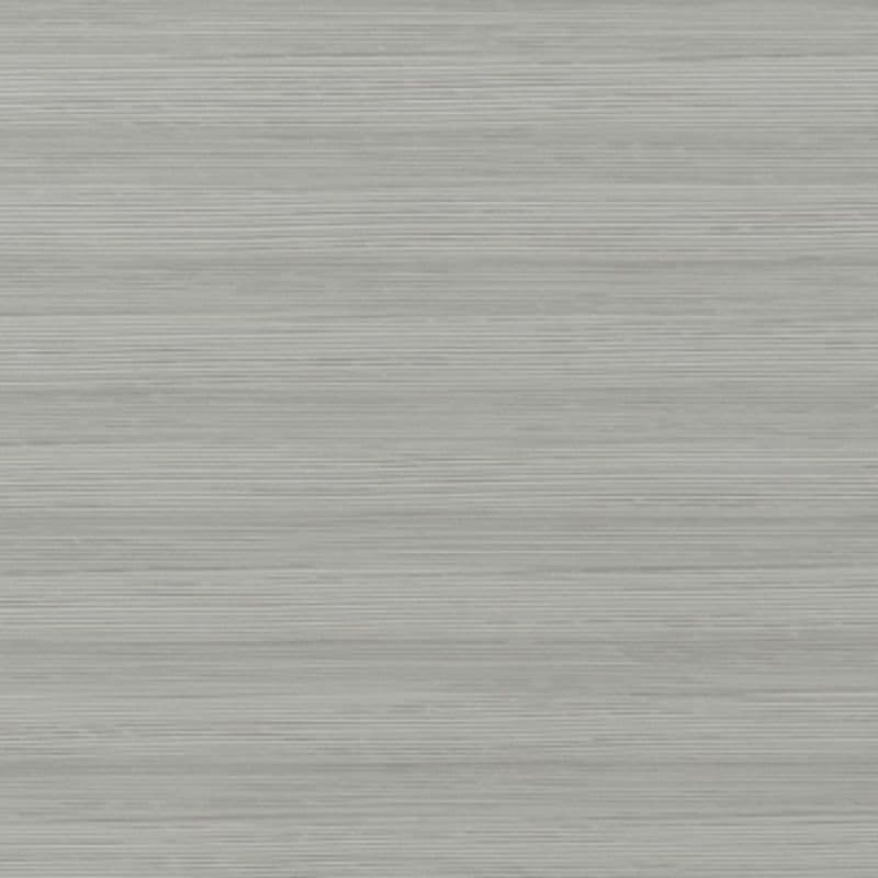 Gray fabric window shade with fine horizontal striations, closed, softly diffusing light in a neutral, softly lit interior close-up.