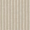 Striped linen fabric displays alternating vertical beige and cream narrow stripes, lying flat with visible woven texture and subtle irregular flecks, evoking upholstery or wallpaper material.