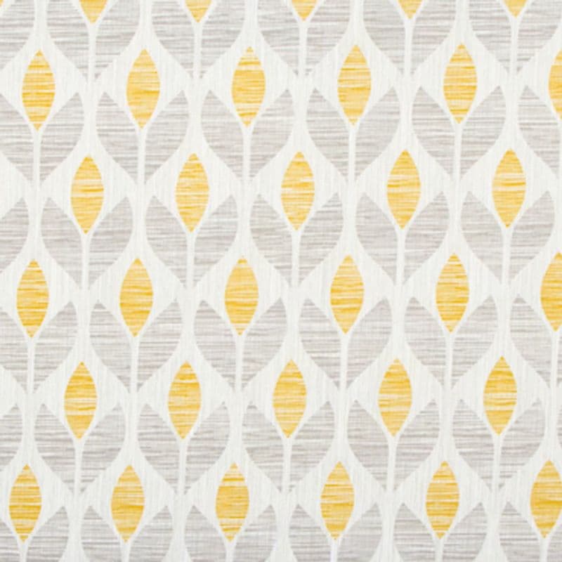 Stylized leaf-pattern fabric or wallpaper with vertical rows of paired leaves—yellow centers alternating with light gray—repeating across the surface, textured with horizontal striations, shown as a close-up of a panel.