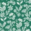 White hand-drawn wildflower and leaf illustrations repeat across a teal-green background, forming a seamless botanical pattern of varied blossoms, stems, and leaves evenly spaced and intermingled.
