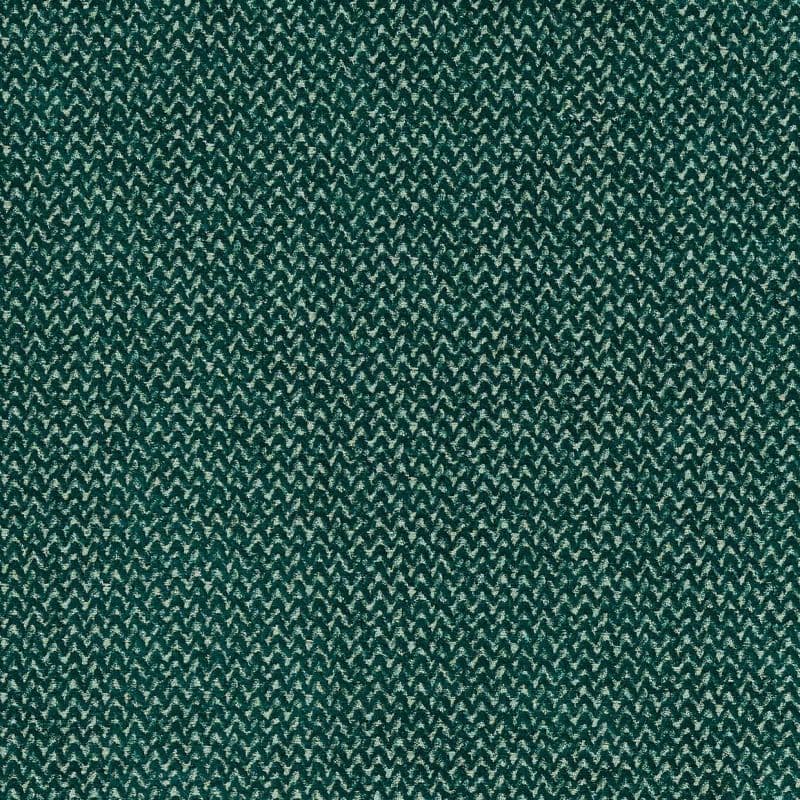 Teal-and-cream herringbone fabric swatch with dense zigzag weave; lying flat and taut, revealing textured loops; close-up, evenly lit view of a repetitive textile pattern.