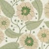 Stylized beige and green flowers arranged across the surface, connected by curving stems with round buds and oversized pale-green leaves, set on a textured cream background.