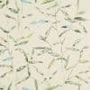 Watercolor-style bamboo leaves and thin stems (object) sweep and overlap in vertical, repeating patterns (action) across a mottled beige, wallpaper-like background with subtle fabric texture (context).