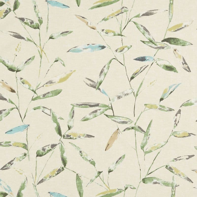 Watercolor-style bamboo leaves and thin stems (object) sweep and overlap in vertical, repeating patterns (action) across a mottled beige, wallpaper-like background with subtle fabric texture (context).