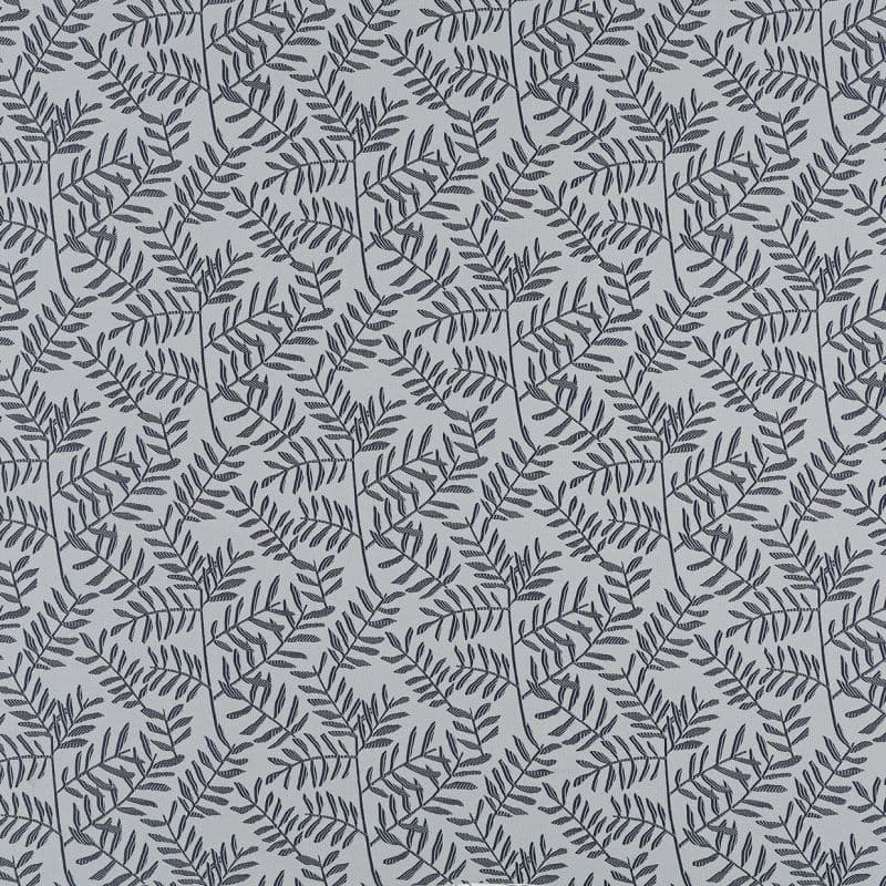 Light gray wallpaper patterned with dense navy fern-like branches; the print repeats uniformly across the surface, forming a subtle botanical motif under soft, even indoor lighting.