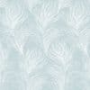 Pale blue patterned wallpaper with white stylized feather motifs repeats vertically across the surface; flat close-up view, evenly lit, showing subtle woven texture.