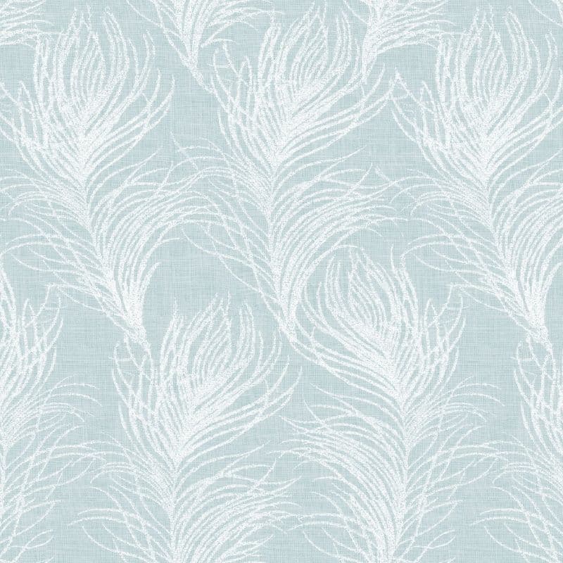 Pale blue patterned wallpaper with white stylized feather motifs repeats vertically across the surface; flat close-up view, evenly lit, showing subtle woven texture.