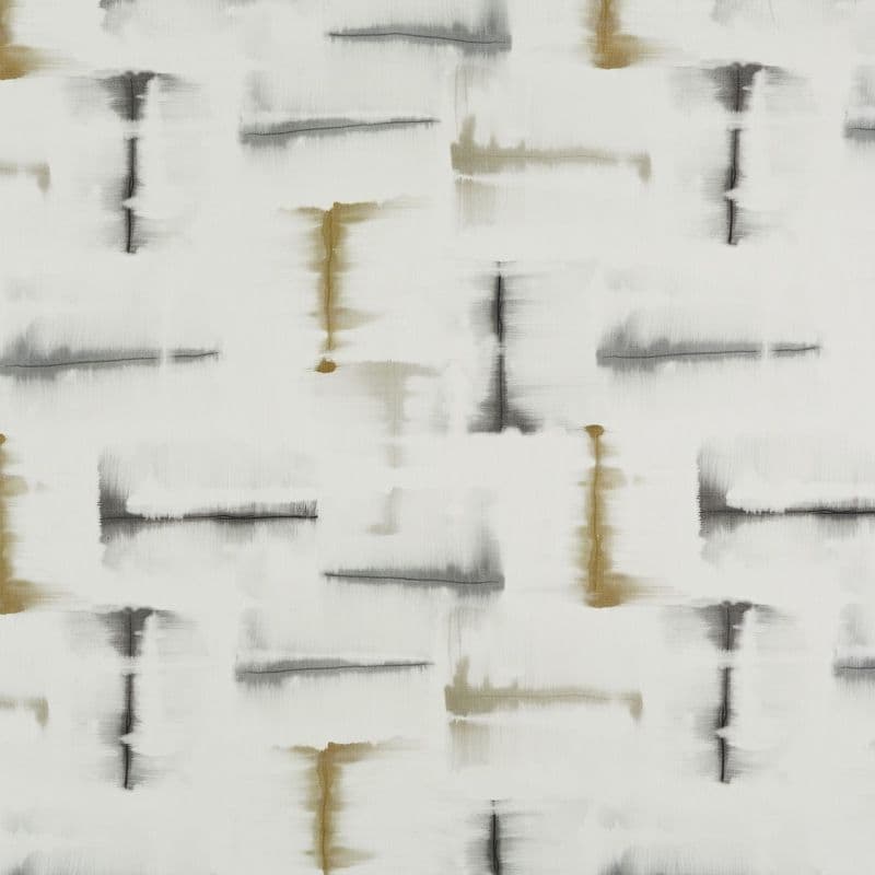 Abstract patterned textile, flat and white, printed with staggered blurred horizontal and vertical brushstrokes in gray and muted gold; displaying a watercolor-like repeating grid; set against neutral, softly lit background.