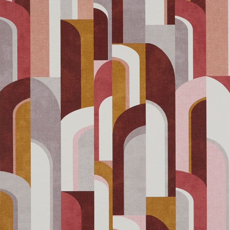 Layered arched fabric panels in muted pink, burgundy, mustard, gray — overlapping vertically and alternately revealing inner arches; presented as a flat, textured abstract wallpaper or upholstery pattern.
