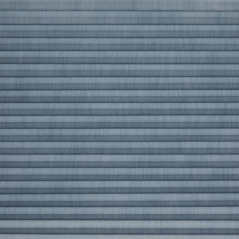 Horizontal pleated fabric shades (blue-gray) — fully closed, narrow horizontal folds blocking the view and softly diffusing light — filling the frame with even ambient lighting and no visible surroundings.