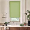 Green roller blind covers most of a kitchen window above a stainless sink; chrome faucet, wooden cabinets, countertop with bowl of greens, potted plants and framed sketch nearby.