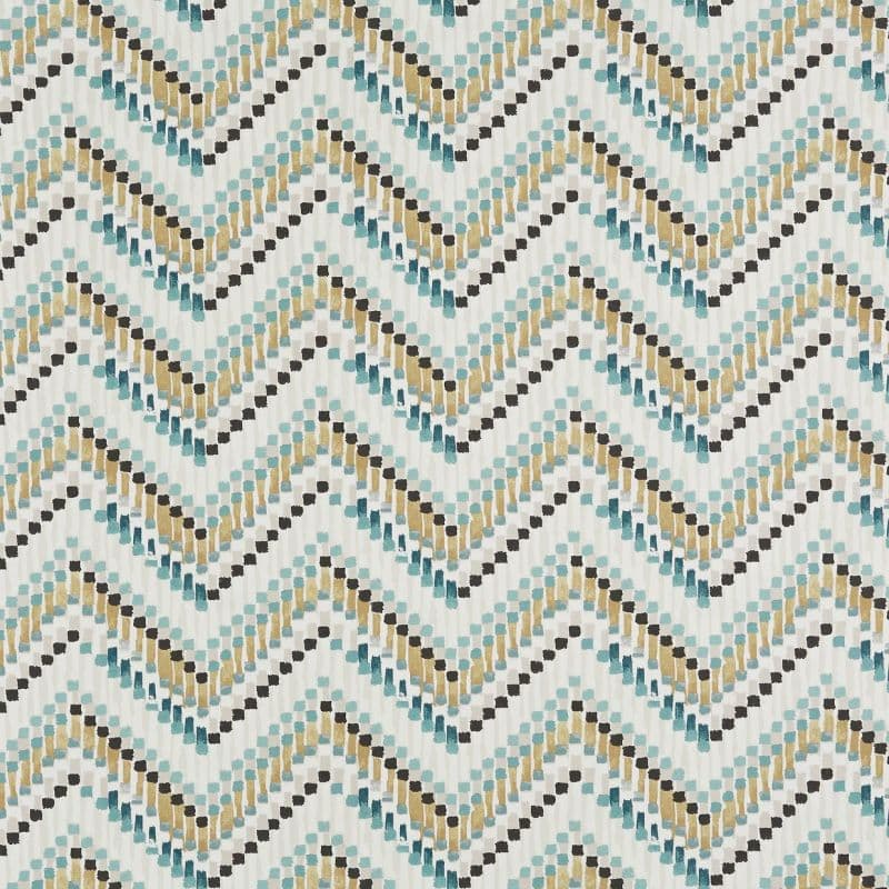 Chevron-patterned wallpaper featuring staggered brushstroke squares in teal, gold, black and gray, repeating across an off-white surface; evenly lit, abstract decorative motif without visible room context.