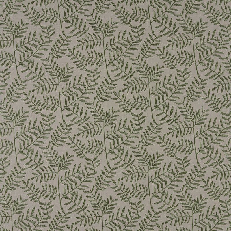 Beige textured wallpaper decorated with repeating olive-green fern-like branches, forming diagonal overlapping stems; close-up view under flat, even lighting as a decorative wallcovering sample.
