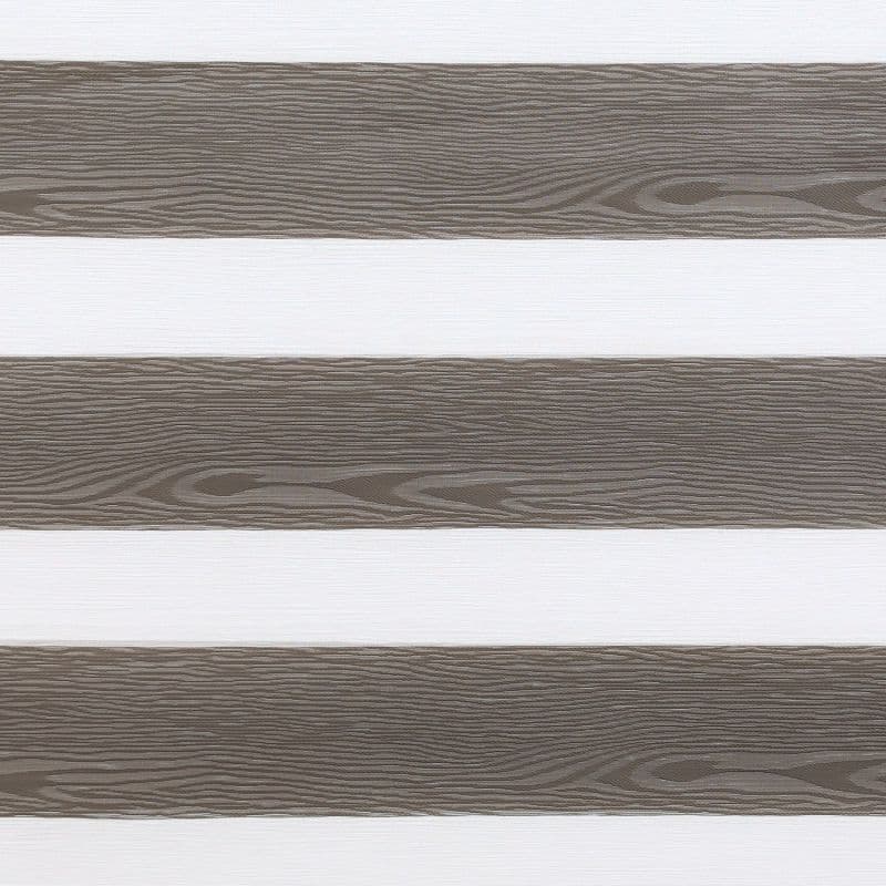 Zebra-style horizontal blinds with wide wood-grain opaque slats alternating with white sheer stripes, aligned across the frame, filtering light; close-up interior view with neutral lighting and textured pattern.