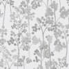 Slim botanical stems with clustered round leaves rise and overlap, forming a repeating gray silhouette pattern on a subtly textured white background, resembling wallpaper or woven fabric.