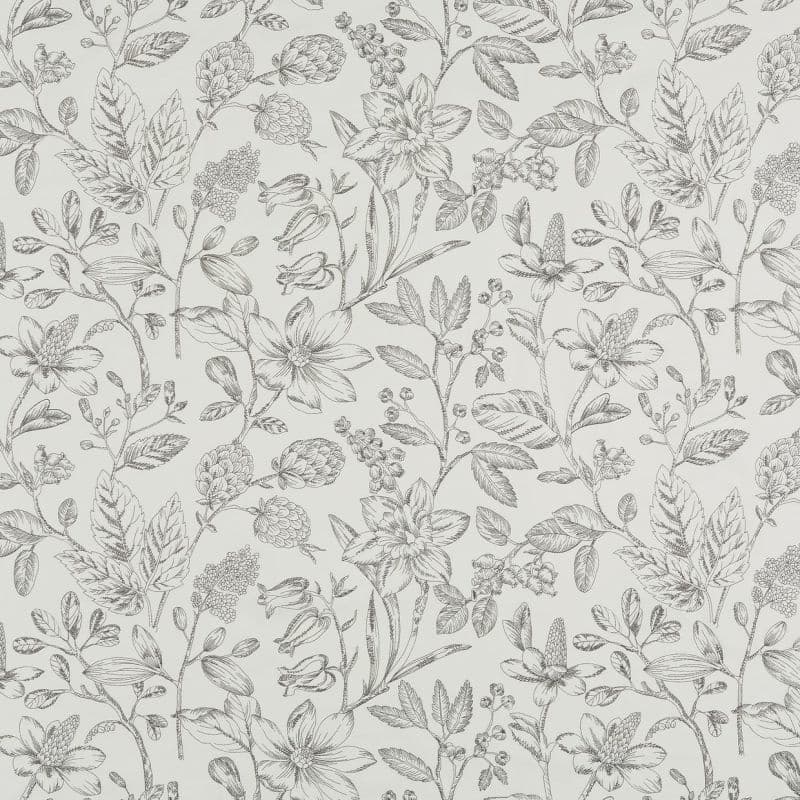 Wallpaper with matte pale background, covered in repeating fine-line botanical sketches of flowers, leaves and buds; pattern fills entire wall, creating a delicate, vintage monochrome decorative texture.
