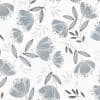 Stylized gray-blue flowers and linear leaves, scattered and rotated across the surface; repeating motifs overlap, printed on a white background suggesting wallpaper or fabric in soft, even light.