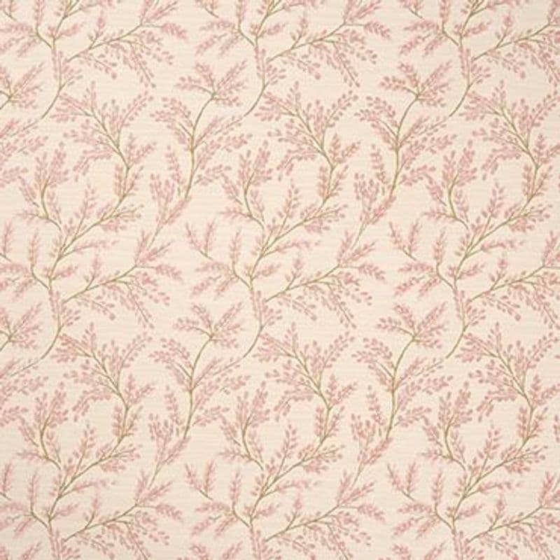 Pale beige wallpaper with seamless repeating thin brown branches bearing clusters of small pink leaves; pattern covers the flat, evenly lit surface with no visible seams or furnishings.