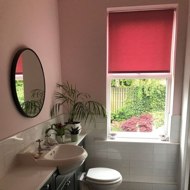 Red roller blind lowered over the top window, filtering warm light; bathroom interior with pink walls, round mirror, sink, potted plants, and a garden view through the lower pane.
