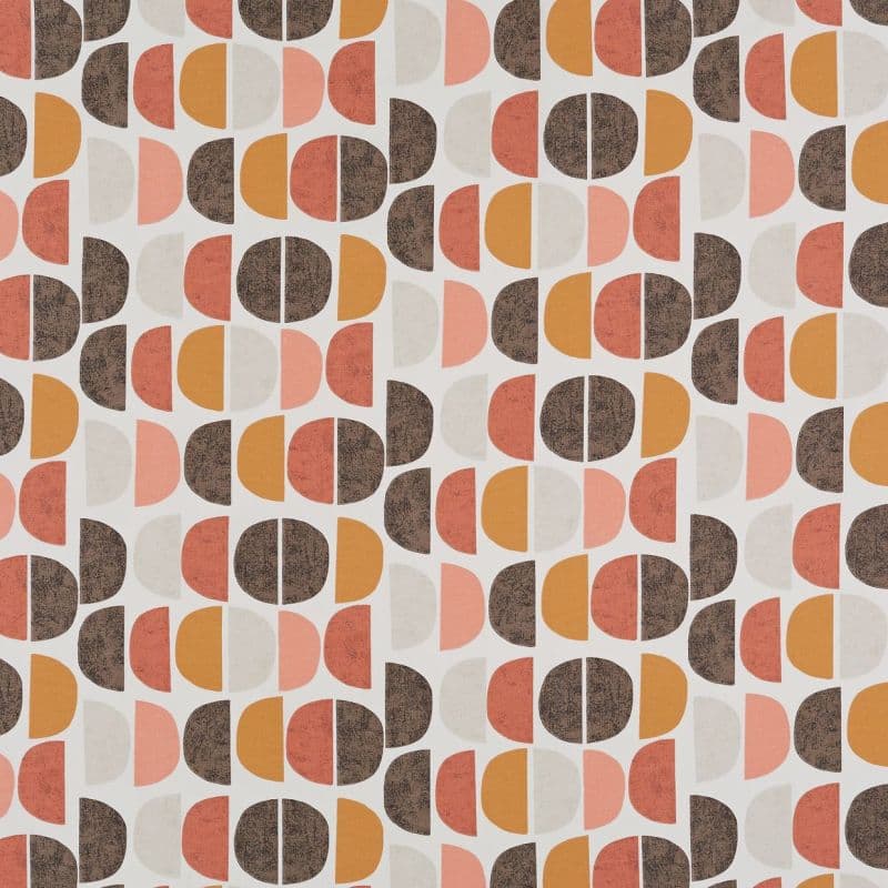 Wallpaper with repeating half-circle and split-circle motifs in rust, mustard, brown, beige and pink; pattern repeats in vertical columns, covering a flat white surface with subtle textured print.