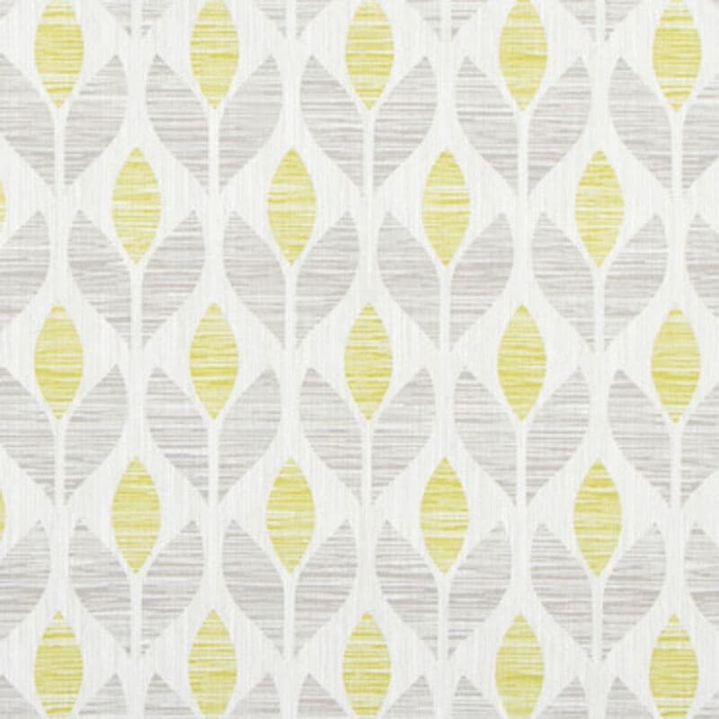 Textile panel (fabric or wallpaper) displaying a repeating vertical stylized leaf motif—pale yellow and light gray leaves on white; forming a seamless, evenly lit, mid-century modern pattern.