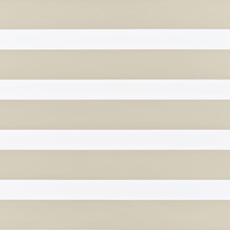 Horizontal zebra roller blind covering entire window: alternating opaque beige and translucent white bands aligned to filter light; indoor setting with soft diffuse lighting and no outside view.