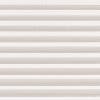 Striped zebra roller blind, full-width with alternating beige textured and white translucent horizontal bands, lowered and aligned, filtering diffuse daylight in a neutral-toned interior without any visible outside view.