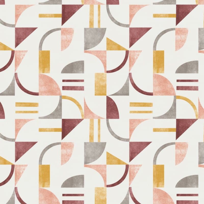 Geometric wallpaper featuring repeating semi‑circles, triangles, rectangles and arcs in dusty rose, mustard and gray — tiling across a pale cream surface as a flat, decorative pattern.