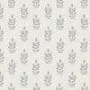 Wallpaper with off-white textured background patterned by evenly spaced stylized grey leaf motifs in vertical rows; pattern repeats uniformly, creating a soft, neutral decorative surface.