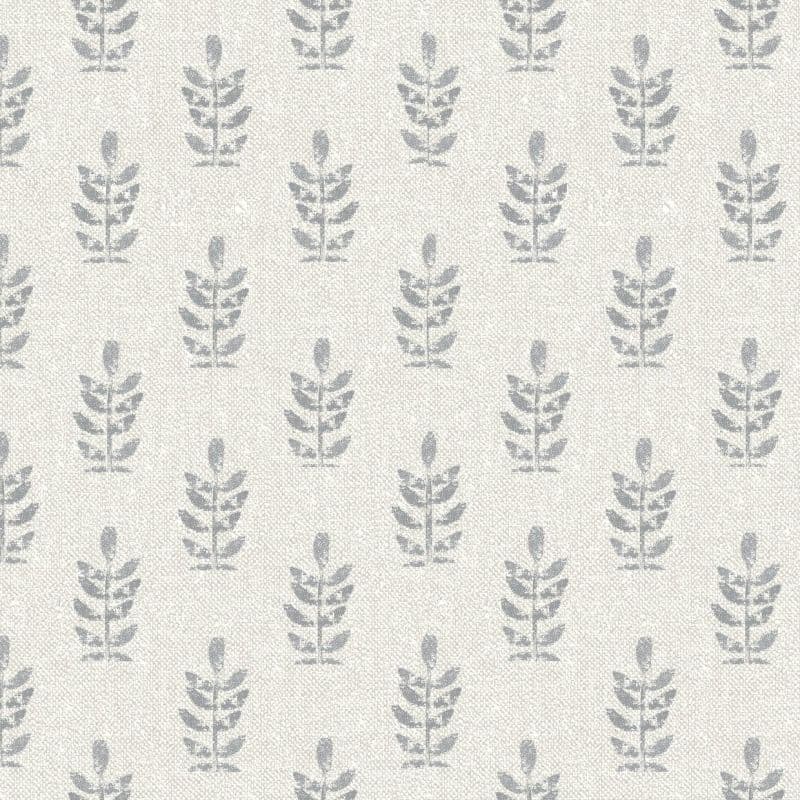Wallpaper with off-white textured background patterned by evenly spaced stylized grey leaf motifs in vertical rows; pattern repeats uniformly, creating a soft, neutral decorative surface.