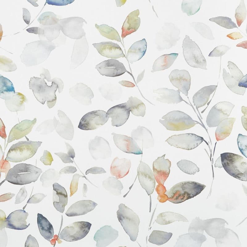 Watercolor leaf motifs—delicate branches and loose, varied leaves—are loosely painted and overlapping, with soft washes and muted pastels on a white background, resembling decorative wallpaper.