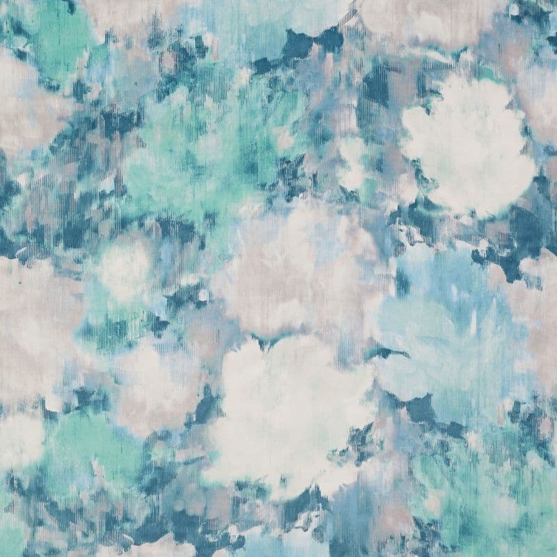 Cloudlike watercolor splotches blending and bleeding into vertical streaks across a textured canvas, in muted teal, aqua, blue, and white tones, creating a soft, abstract painterly background.